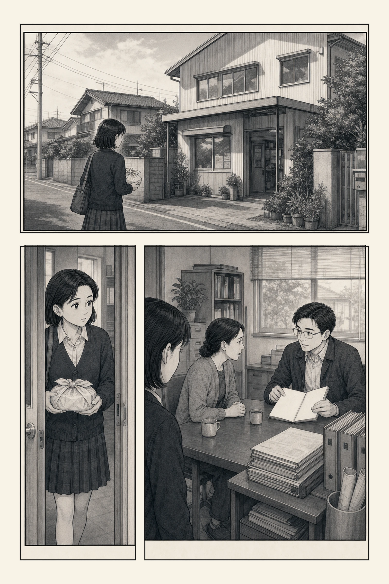 Charioot企業PR漫画。父の事務所で、相談相手の話を聴く姿を亜希が見つめる場面