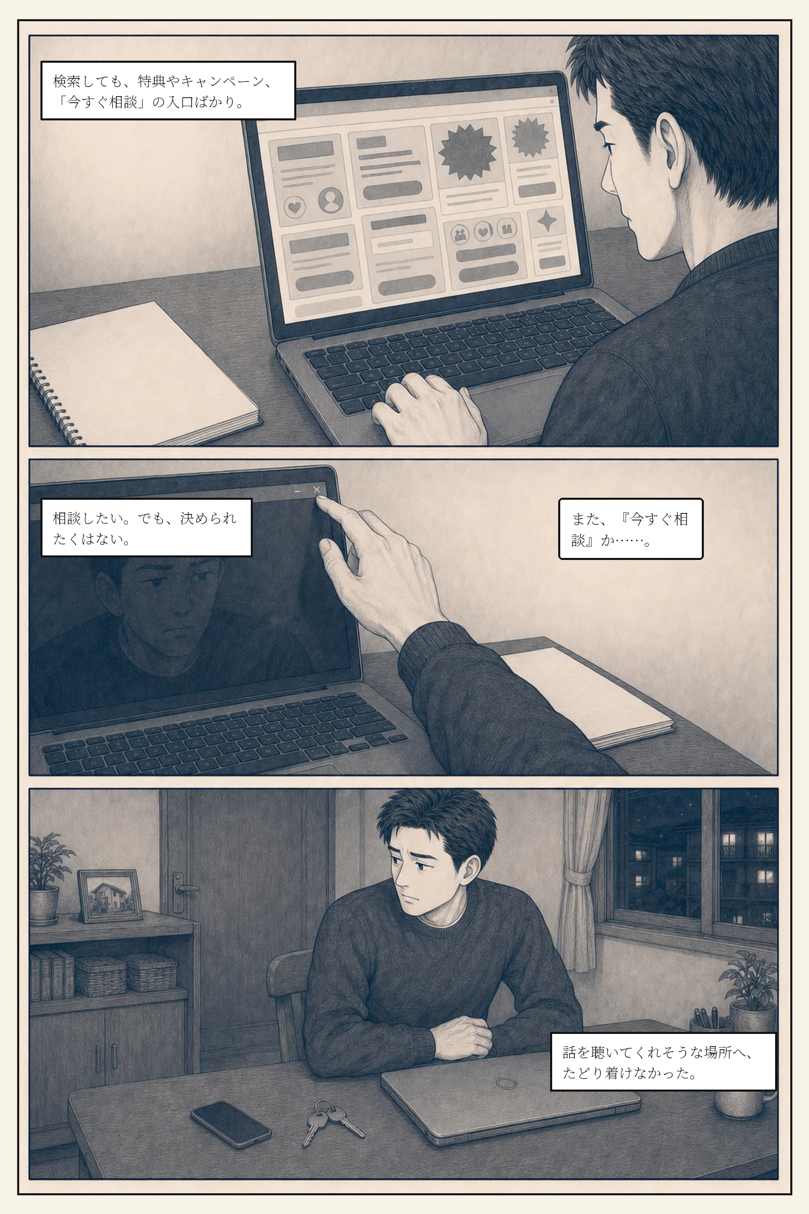 Charioot企業PR漫画。工務店サイトへの訪問者の迷いを考える場面