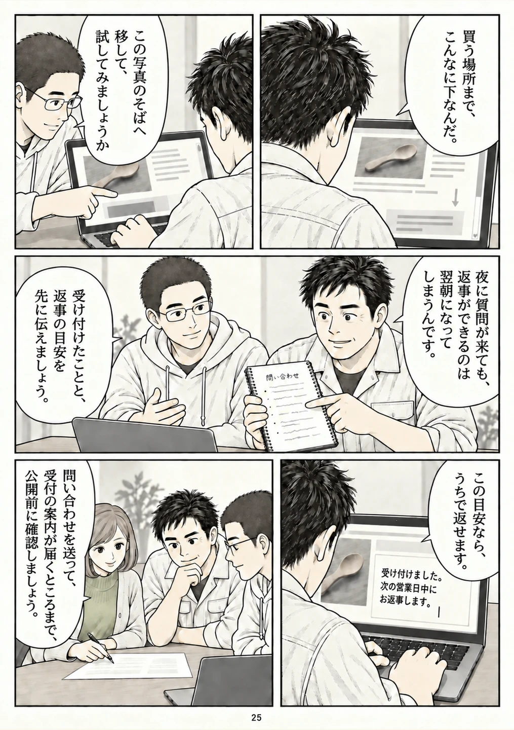 第25ページ。入口と夜の受付を具体的に直す。主人公が修正に参加する。
