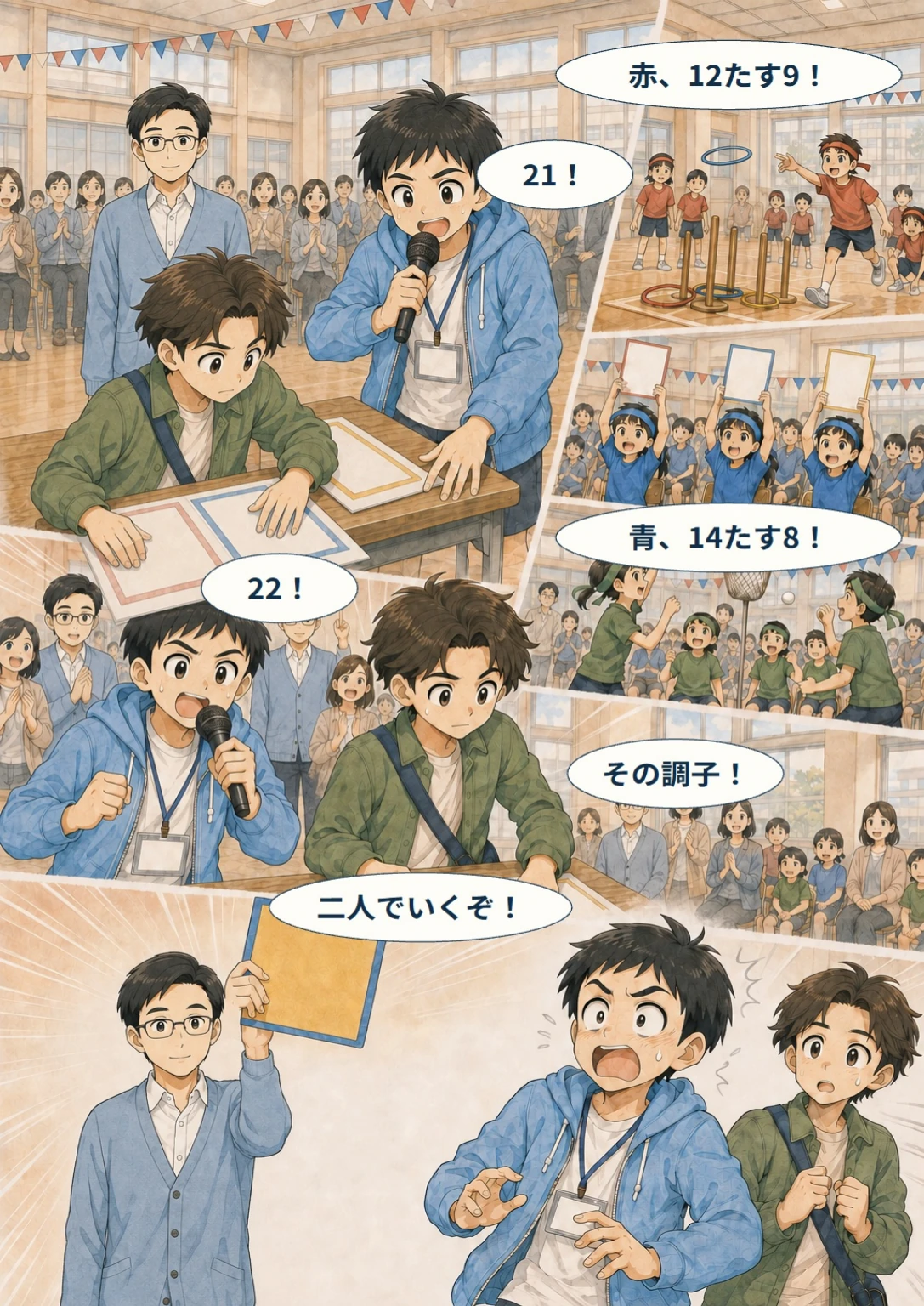 あと10秒!ぼくらのスコア大作戦 第14ページ。本番、二人でいくぞ。台詞は直後の読みやすい表示で確認できます。