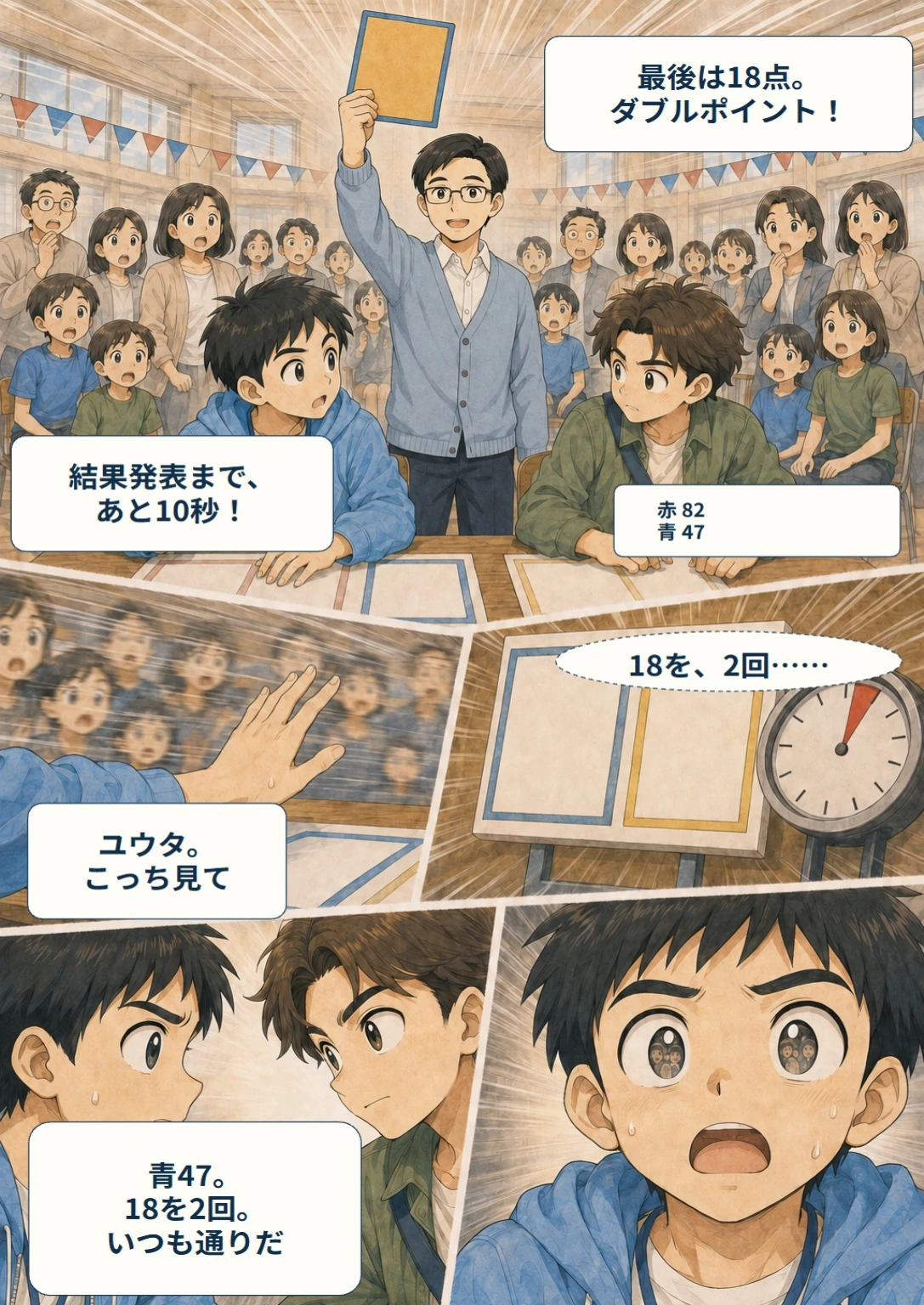 あと10秒!ぼくらのスコア大作戦 第15ページ。最後のダブルポイント。台詞は直後の読みやすい表示で確認できます。