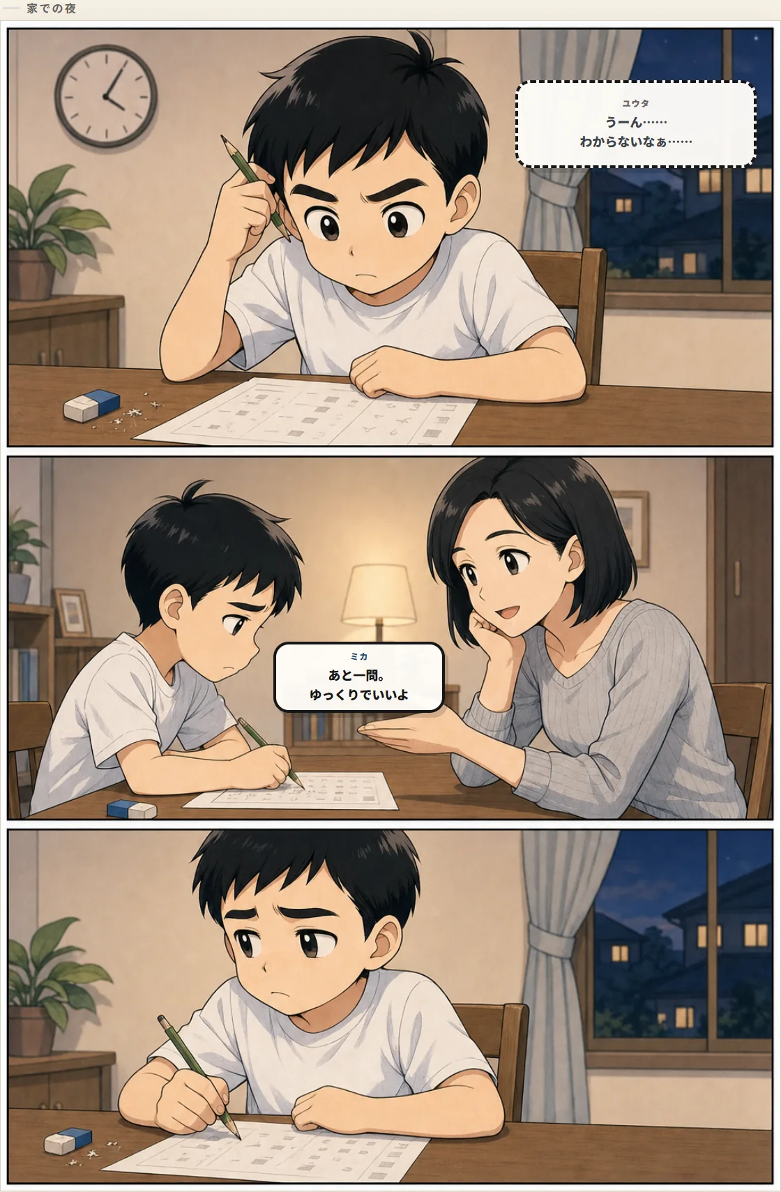 そろばん塾ピコ藤沢本部校の紹介漫画『間違えても、戻っていい。』第1ページ。算数の問題を前に考え込むユウタ